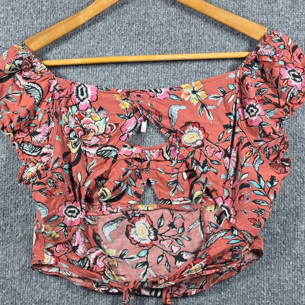 Free People Top Womens Small Give Me More Floral Puff Sleeve Cropped Blouse Rust - Picture 5 of 9